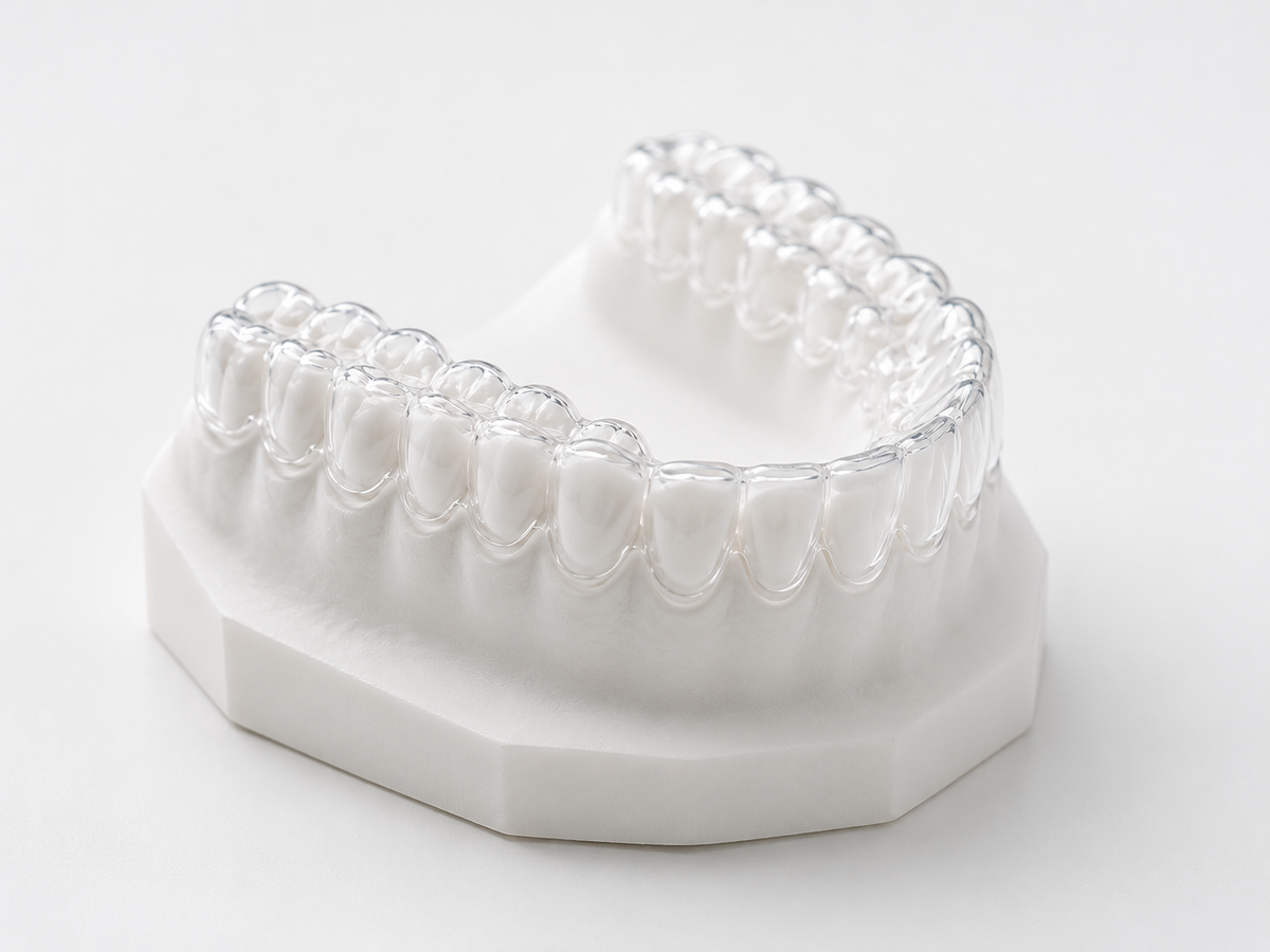 Clear custom dental retainer fitted on a white dental model